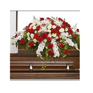 Graceful Red and White Casket Spray Funeral Flowers
